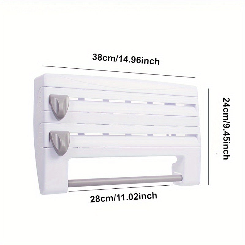 Wall-mounted kitchen storage rack with built-in cutter for plastic wrap, foil, tape, and paper towels. Easy access, easy installation, space-saving design for drawers and cabinets. Helps