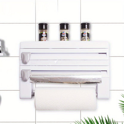 Wall-mounted kitchen storage rack with built-in cutter for plastic wrap, foil, tape, and paper towels. Easy access, easy installation, space-saving design for drawers and cabinets. Helps