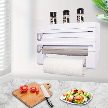 Wall-mounted kitchen storage rack with built-in cutter for plastic wrap, foil, tape, and paper towels. Easy access, easy installation, space-saving design for drawers and cabinets. Helps