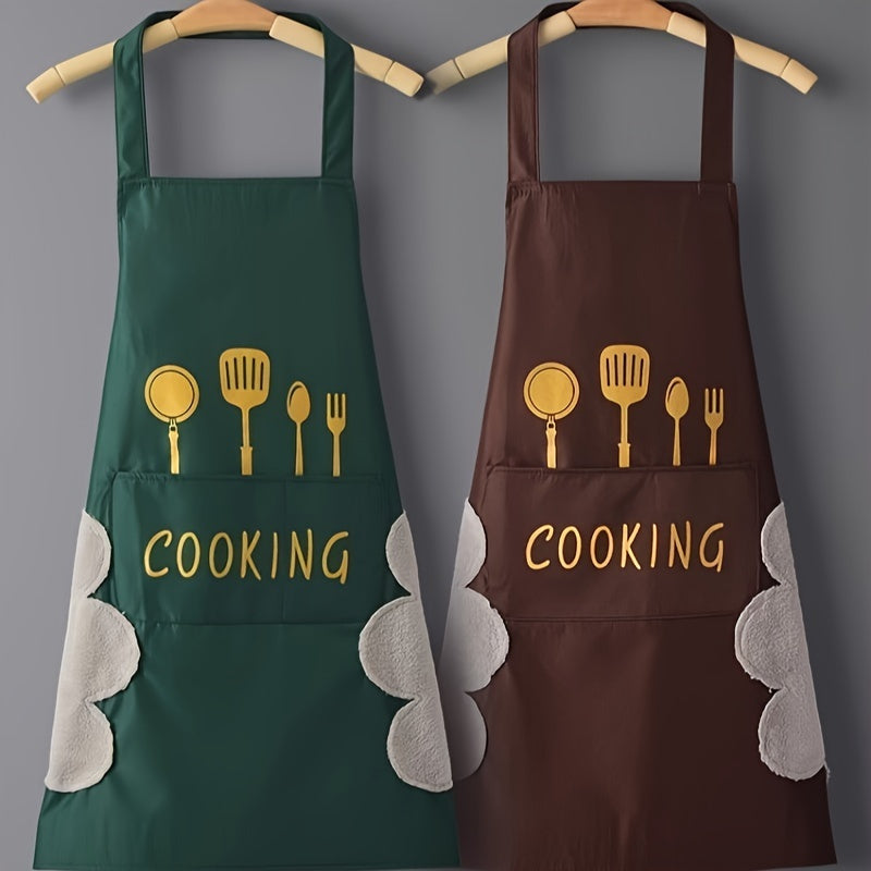 1 Set of Polyester Knit Fabric Waterproof Apron - Oil-Resistant Kitchen Apron with Solid Color Design - Great for Cooking, Home, Kitchen Use - Ideal Present for Christmas, Halloween, Thanksgiving, Easter