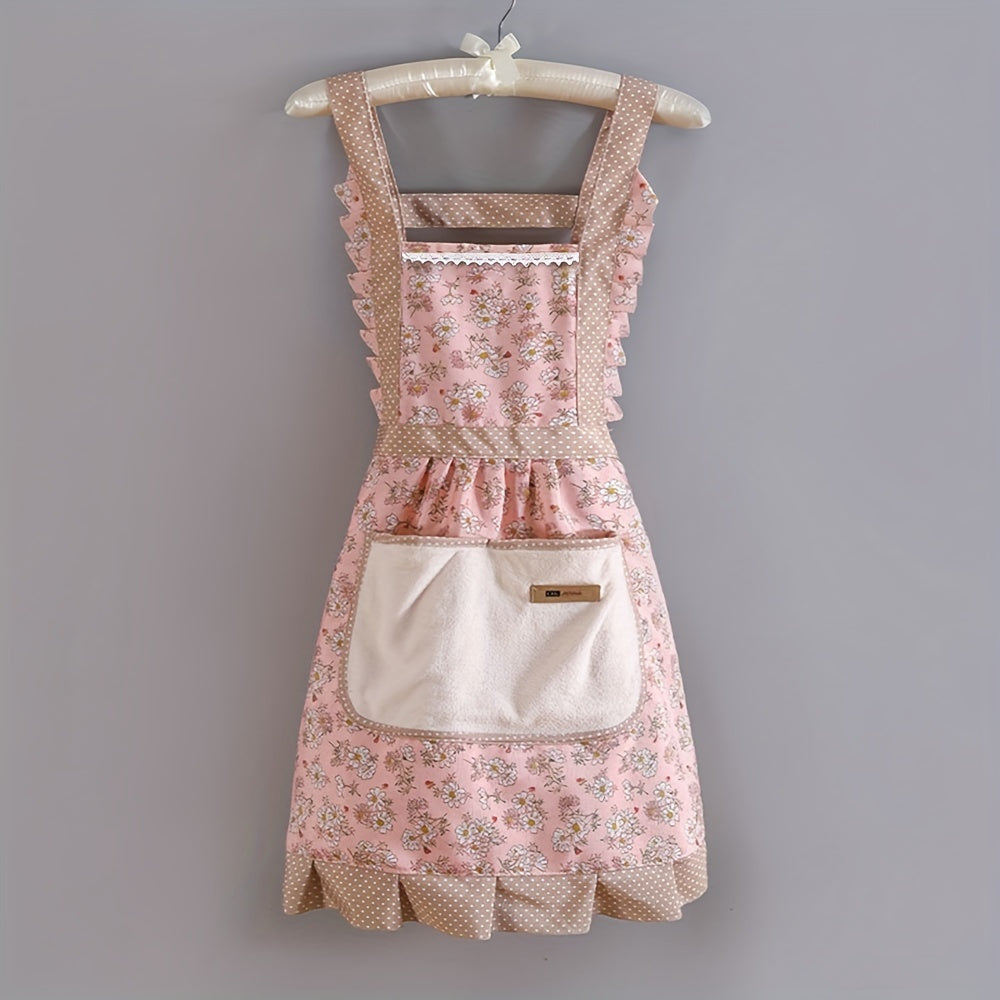 Polyester blend floral knit fabric apron with pocket, perfect for cooking or as a restaurant uniform. Stain-resistant and breathable, ideal gift for Easter, Halloween, or Christmas.