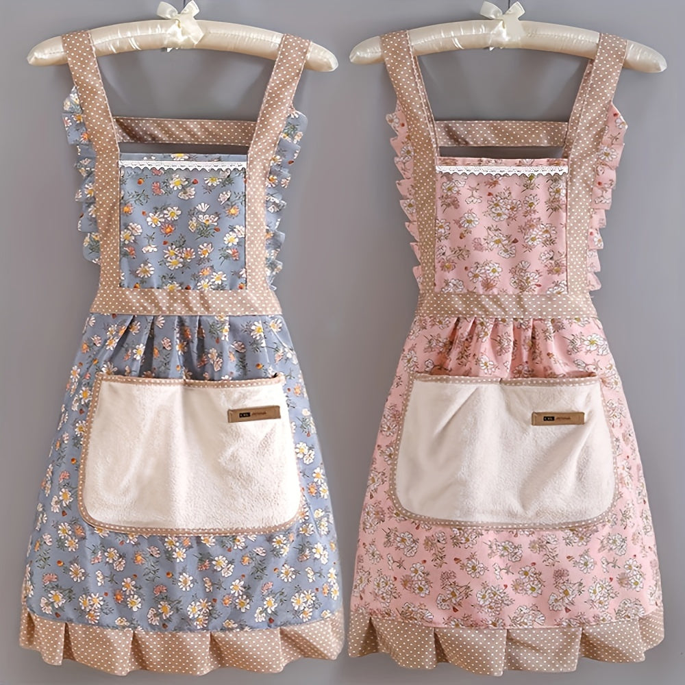 Polyester blend floral knit fabric apron with pocket, perfect for cooking or as a restaurant uniform. Stain-resistant and breathable, ideal gift for Easter, Halloween, or Christmas.