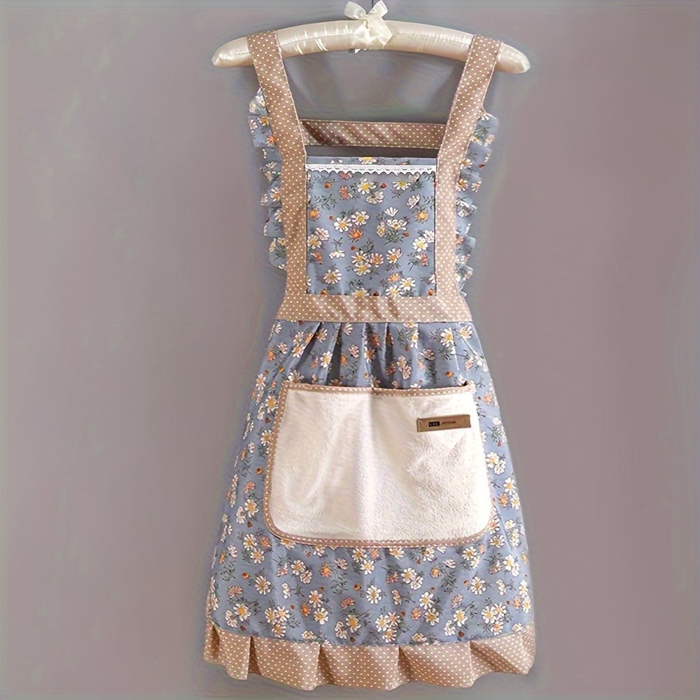 Polyester blend floral knit fabric apron with pocket, perfect for cooking or as a restaurant uniform. Stain-resistant and breathable, ideal gift for Easter, Halloween, or Christmas.