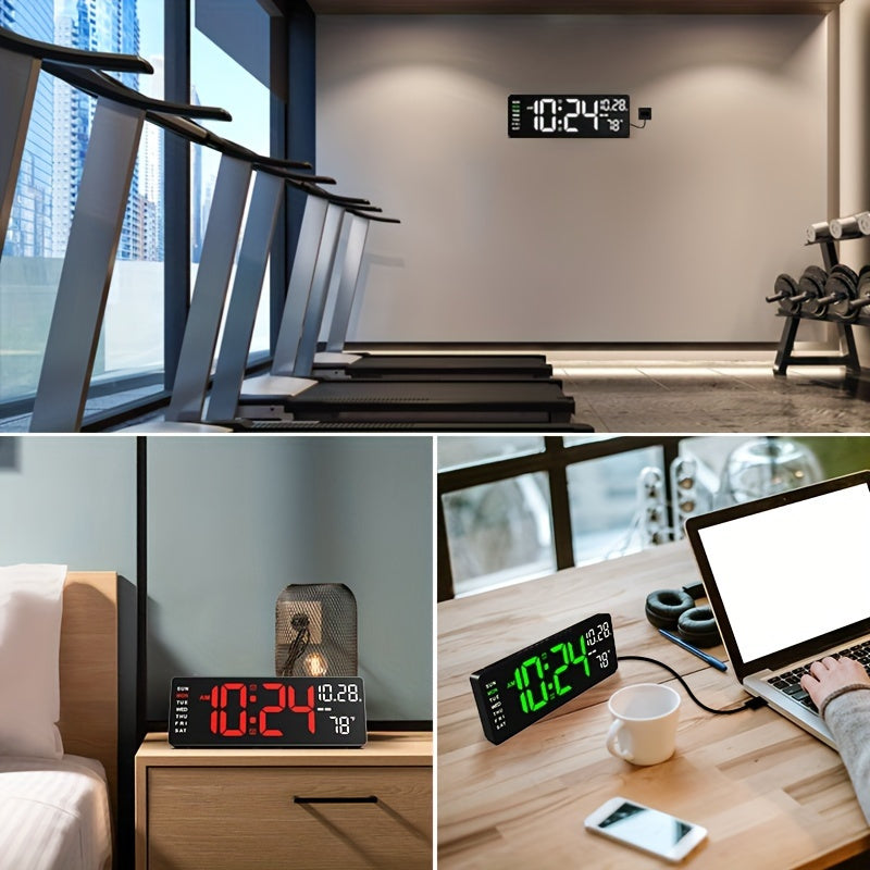 Large digital wall clock with remote control, auto brightness, USB powered, features date, week, temp and more. Suitable for living room, office, gym, classroom, and bedroom décor.