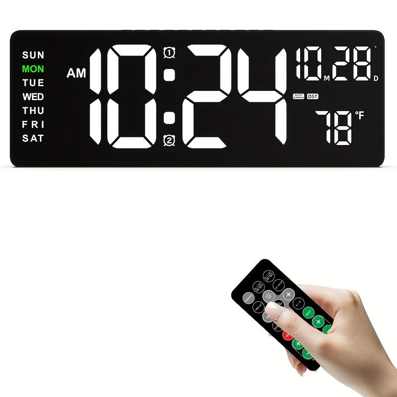 Large digital wall clock with remote control, auto brightness, USB powered, features date, week, temp and more. Suitable for living room, office, gym, classroom, and bedroom décor.