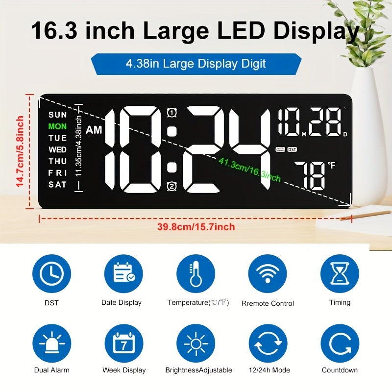 Large digital wall clock with remote control, auto brightness, USB powered, features date, week, temp and more. Suitable for living room, office, gym, classroom, and bedroom décor.