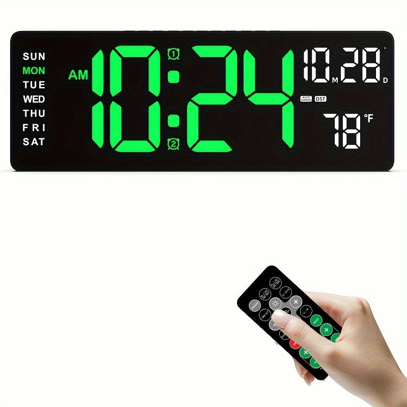 Large digital wall clock with remote control, auto brightness, USB powered, features date, week, temp and more. Suitable for living room, office, gym, classroom, and bedroom décor.