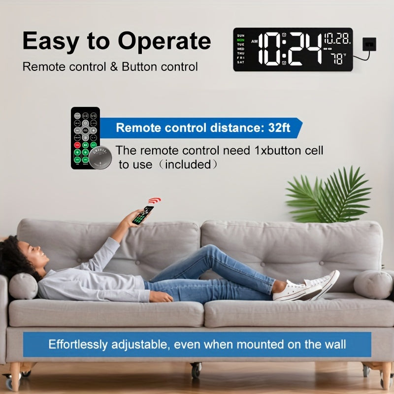 Large digital wall clock with remote control, auto brightness, USB powered, features date, week, temp and more. Suitable for living room, office, gym, classroom, and bedroom décor.