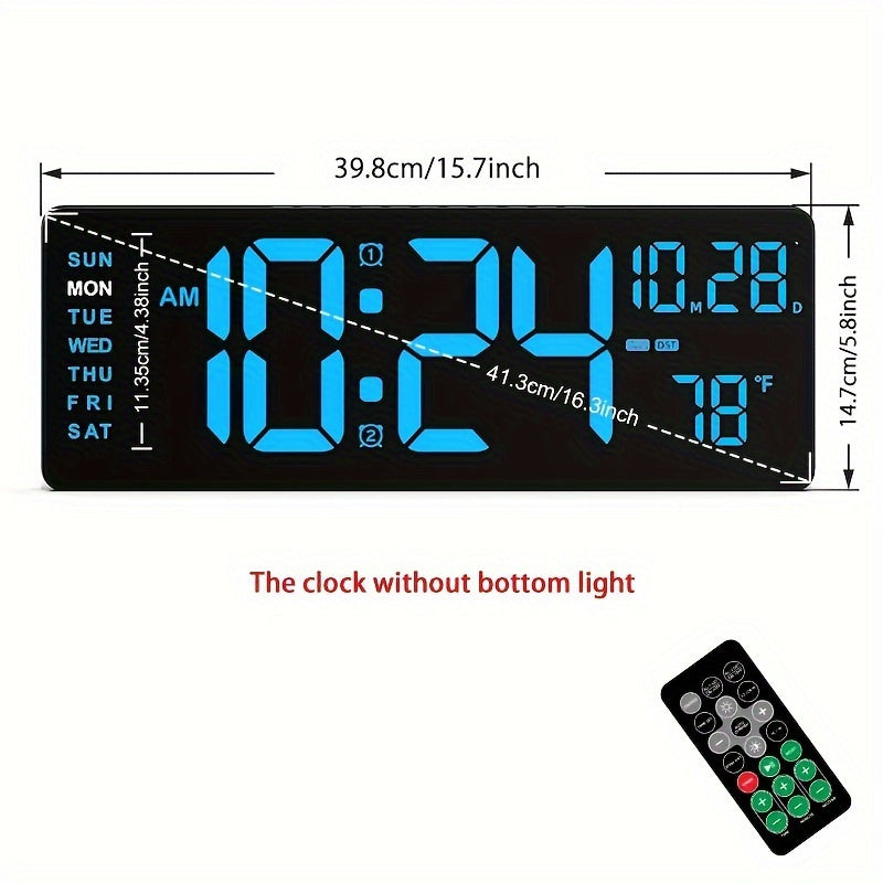 Large digital wall clock with remote control, auto brightness, USB powered, features date, week, temp and more. Suitable for living room, office, gym, classroom, and bedroom décor.