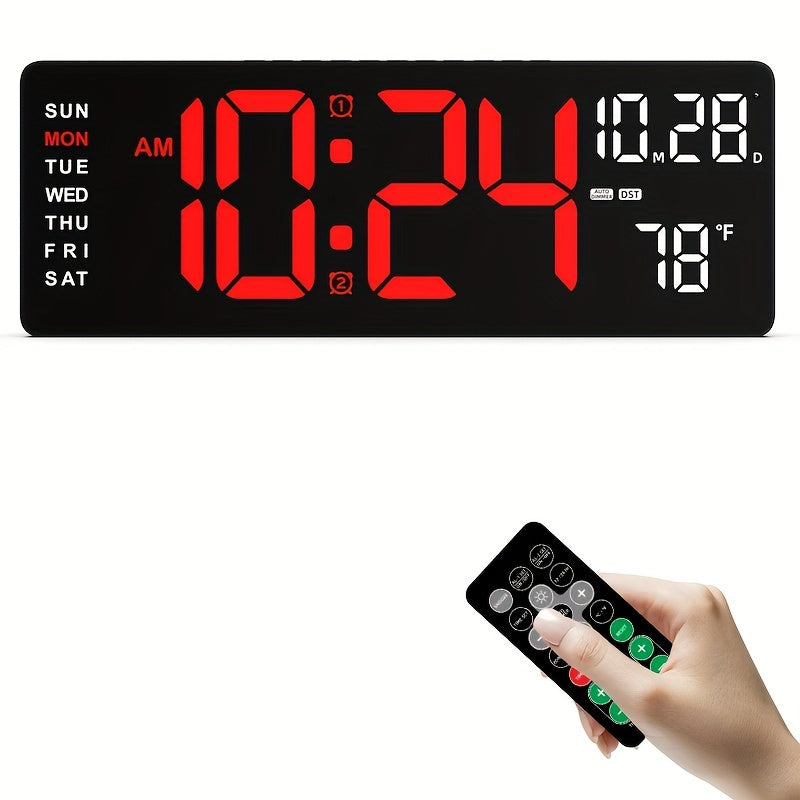 Large digital wall clock with remote control, auto brightness, USB powered, features date, week, temp and more. Suitable for living room, office, gym, classroom, and bedroom décor.