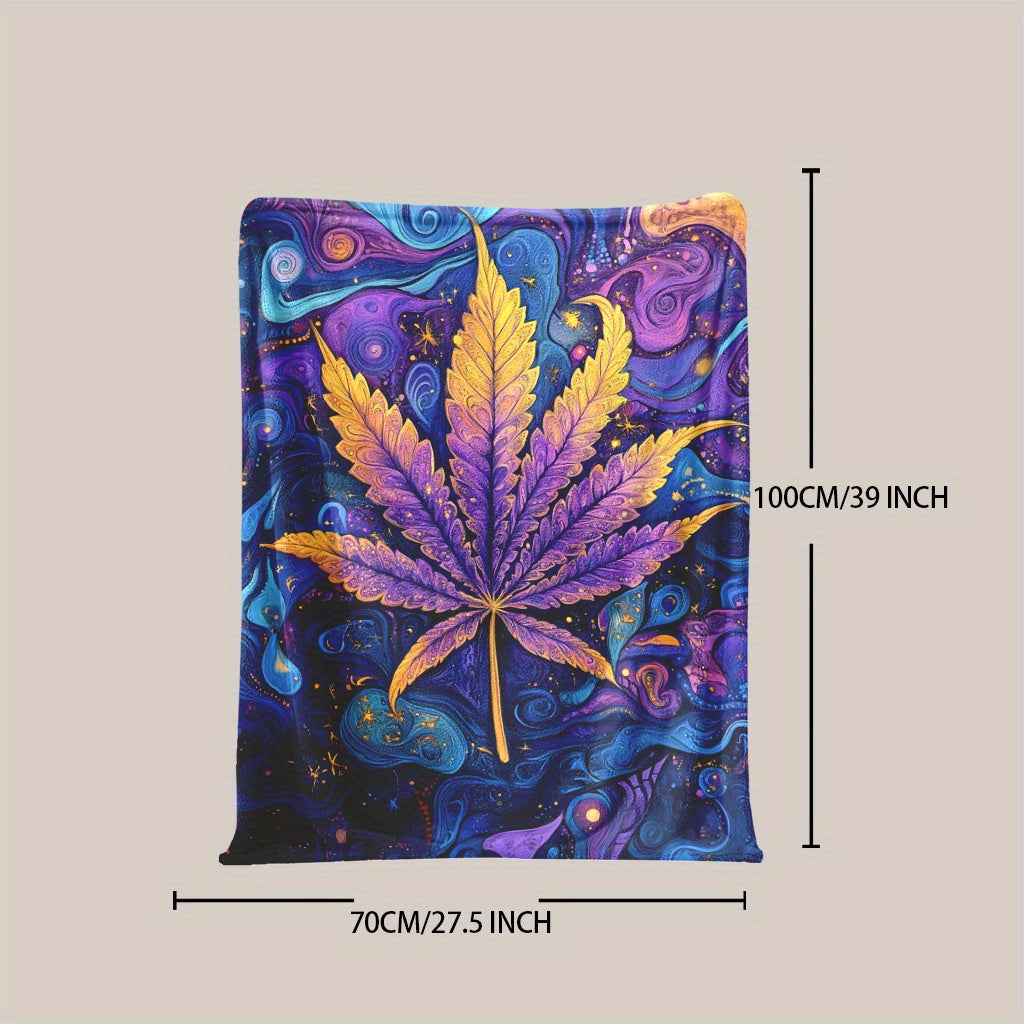 Soft and warm flannel fleece throw blanket featuring a psychedelic leaf print design. This all-season blanket is digitally printed and engraved on polyester material, weighing between 200-250g. Available in mixed colors with a fantasy theme, this blanket