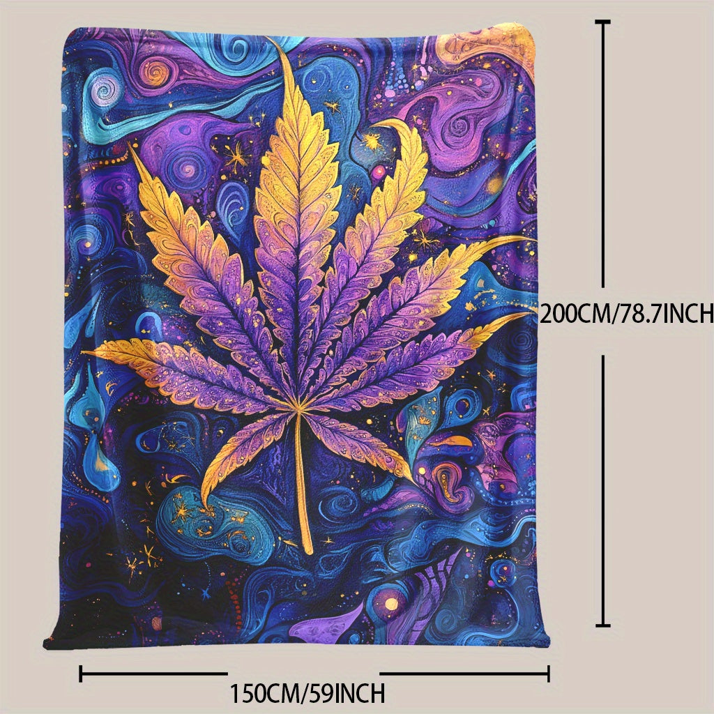 Soft and warm flannel fleece throw blanket featuring a psychedelic leaf print design. This all-season blanket is digitally printed and engraved on polyester material, weighing between 200-250g. Available in mixed colors with a fantasy theme, this blanket