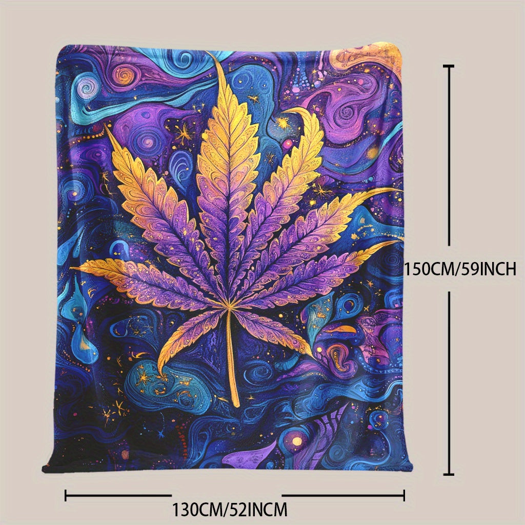 Soft and warm flannel fleece throw blanket featuring a psychedelic leaf print design. This all-season blanket is digitally printed and engraved on polyester material, weighing between 200-250g. Available in mixed colors with a fantasy theme, this blanket