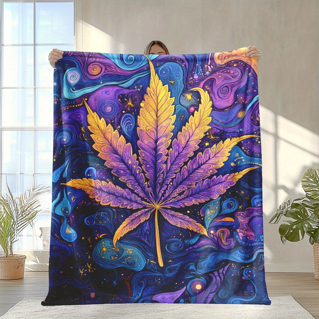 Soft and warm flannel fleece throw blanket featuring a psychedelic leaf print design. This all-season blanket is digitally printed and engraved on polyester material, weighing between 200-250g. Available in mixed colors with a fantasy theme, this blanket