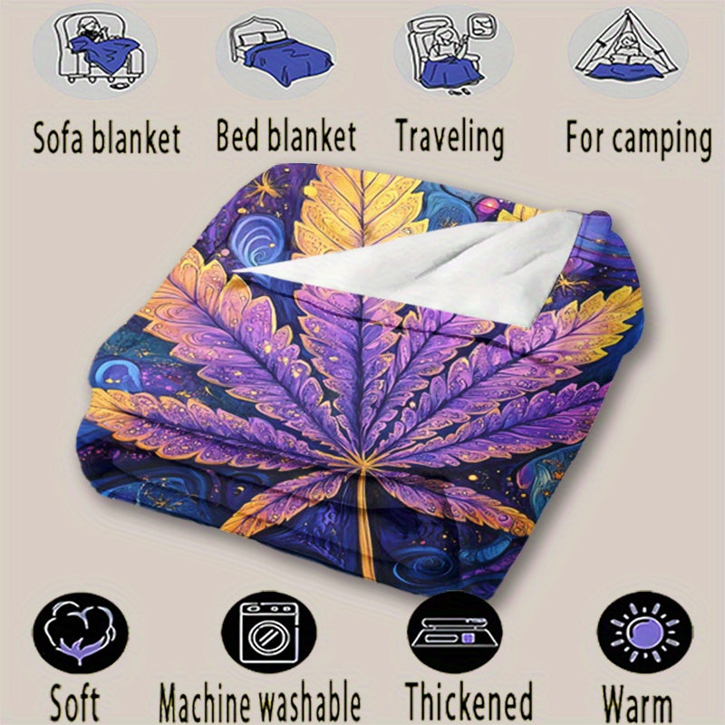 Soft and warm flannel fleece throw blanket featuring a psychedelic leaf print design. This all-season blanket is digitally printed and engraved on polyester material, weighing between 200-250g. Available in mixed colors with a fantasy theme, this blanket