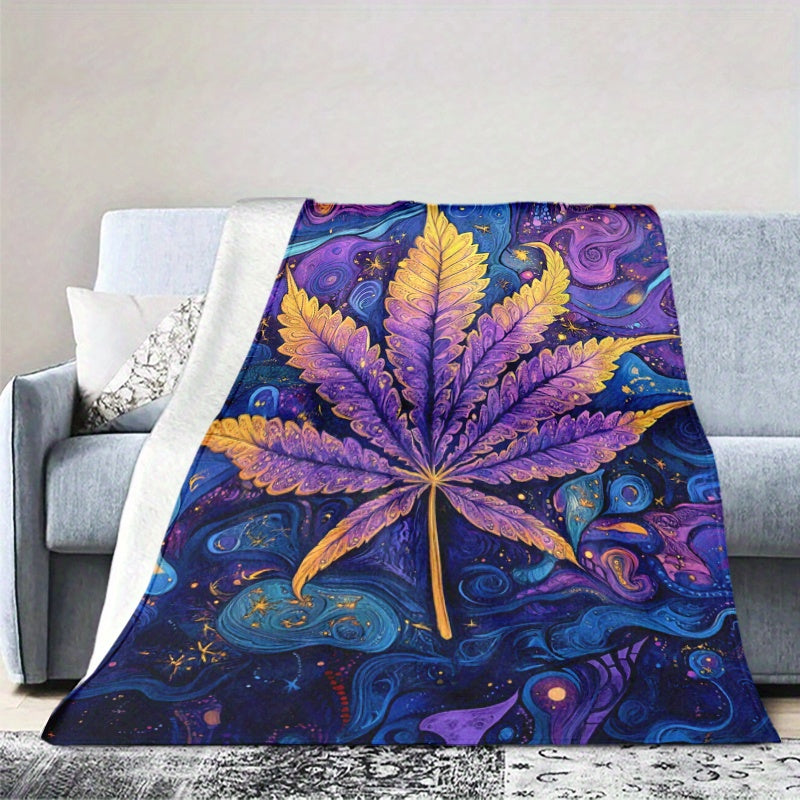 Soft and warm flannel fleece throw blanket featuring a psychedelic leaf print design. This all-season blanket is digitally printed and engraved on polyester material, weighing between 200-250g. Available in mixed colors with a fantasy theme, this blanket