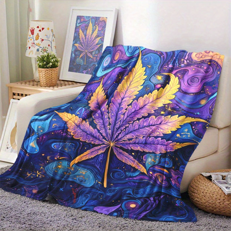 Soft and warm flannel fleece throw blanket featuring a psychedelic leaf print design. This all-season blanket is digitally printed and engraved on polyester material, weighing between 200-250g. Available in mixed colors with a fantasy theme, this blanket