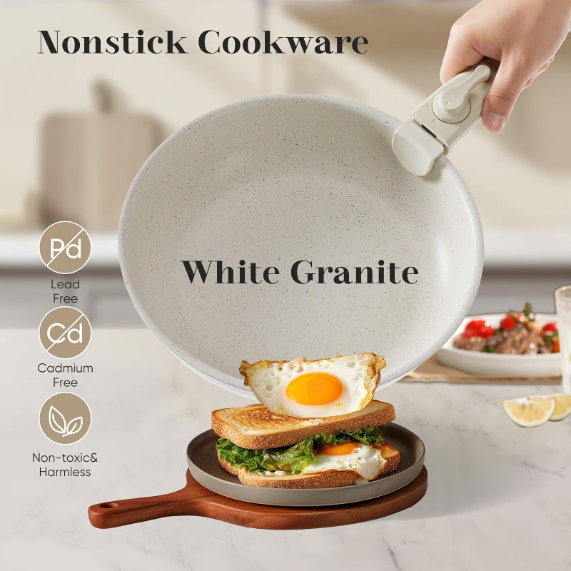 White Nonstick Cookware Set includes 12 pieces, suitable for induction cooking. Features detachable handle, oven-safe construction, and stackable design for convenient storage. Ideal for use in both home kitchens and RVs.