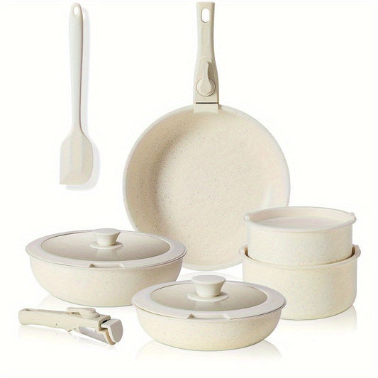 White Nonstick Cookware Set includes 12 pieces, suitable for induction cooking. Features detachable handle, oven-safe construction, and stackable design for convenient storage. Ideal for use in both home kitchens and RVs.