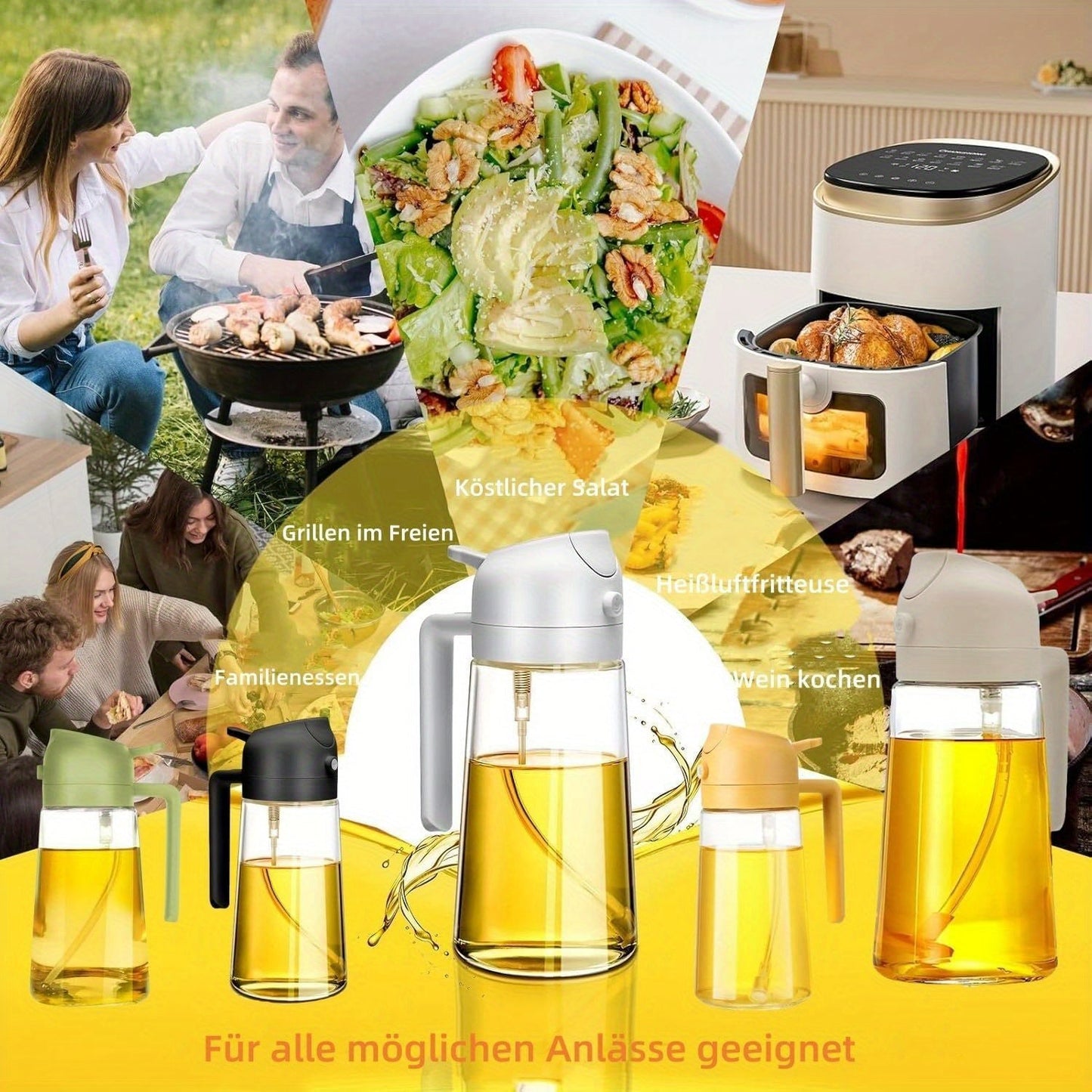 Set of six pieces of 15.9oz glass oil dispenser and sprayer - Multi-purpose olive oil mister for nutritious cooking, grilling, air frying, baking, salads | Essential for the kitchen.