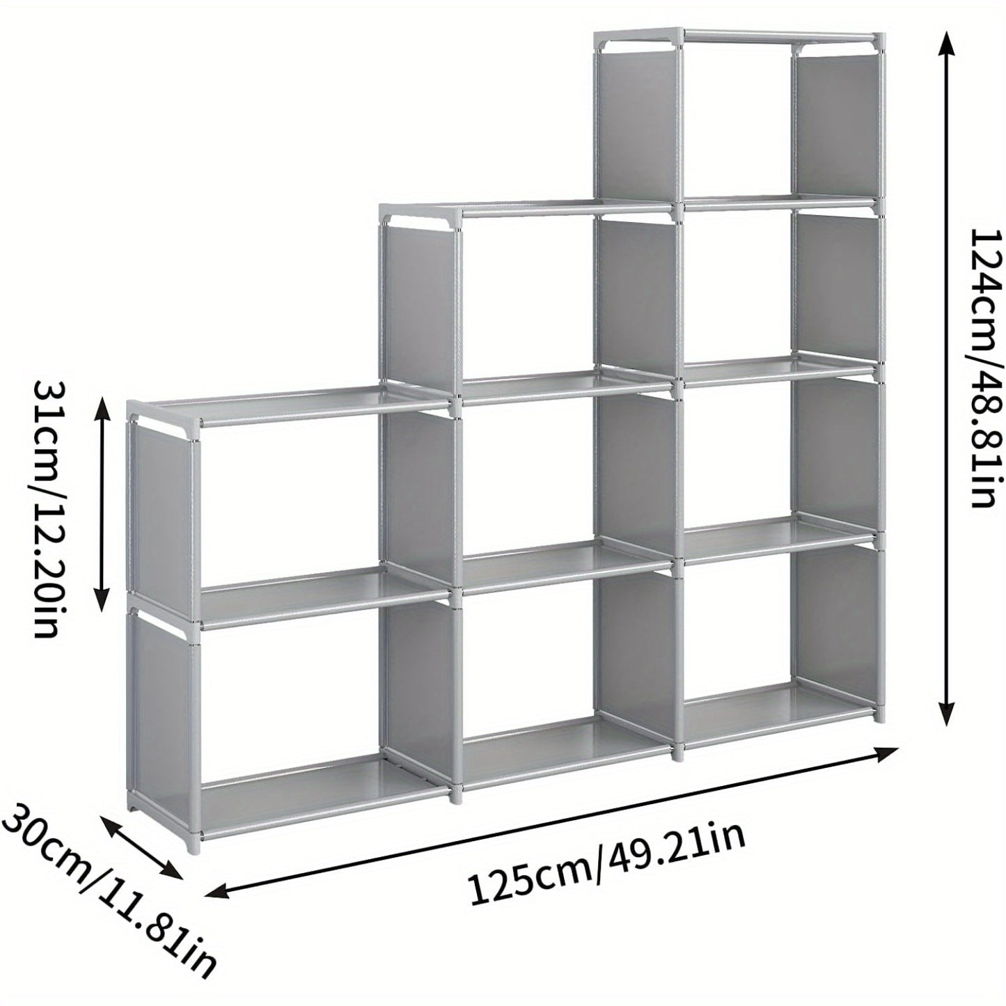 9-Compartment waterproof bookcase with reinforced steel tubes for versatile storage in home and office.