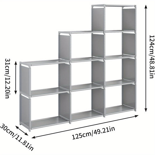 9-Compartment waterproof bookcase with reinforced steel tubes for versatile storage in home and office.