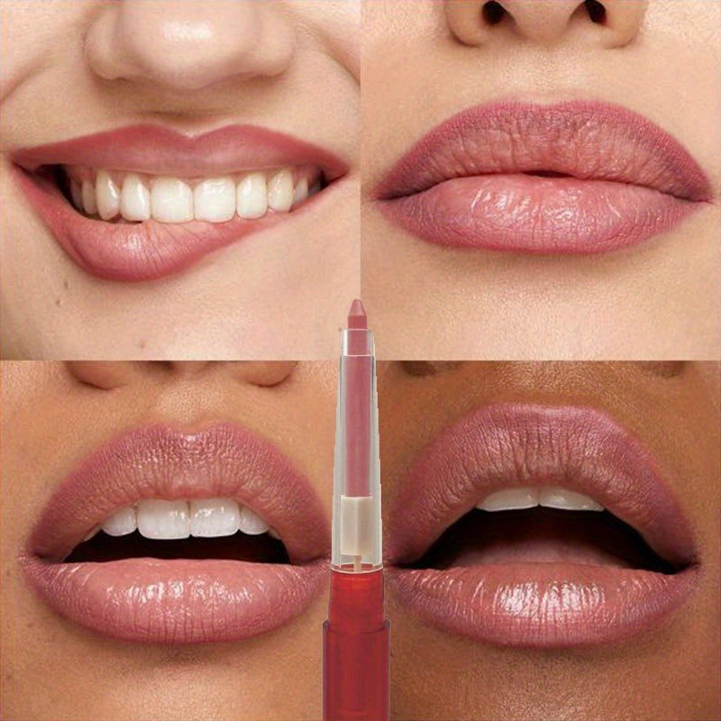 Waterproof long-lasting matte lip liner and lipstick pencil for nude pink and purple lips, doubles as a lip tint and cosmetic crayon stick.