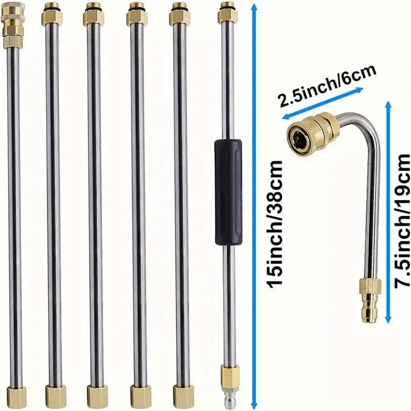 High-pressure washer hose kit with 7 pieces, includes 5 nozzles and 7 stainless steel extension rods. Features 5 adjustable nozzles, 1/4 inch quick connect, 120° bend, and 10 leak-proof O-rings. Ideal for outdoor, car, wall, floor, and carpet cleaning.