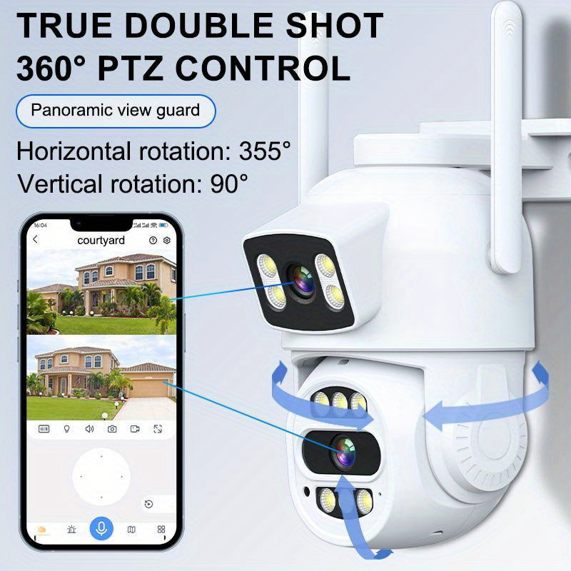 The Teruhal 4MP Dual Lens Wireless Security Camera features 2.4G+5G WiFi connectivity, smartphone compatibility, night vision, two-way audio, IP65 waterproof rating, intelligent motion detection, and USB powered operation. Perfect for home surveillance