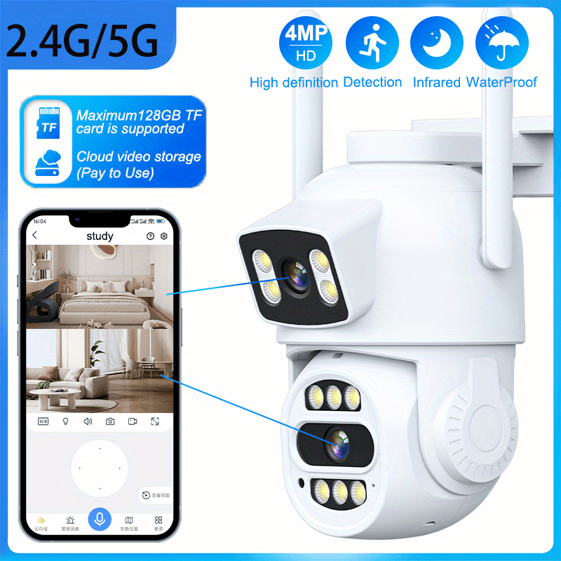 The Teruhal 4MP Dual Lens Wireless Security Camera features 2.4G+5G WiFi connectivity, smartphone compatibility, night vision, two-way audio, IP65 waterproof rating, intelligent motion detection, and USB powered operation. Perfect for home surveillance