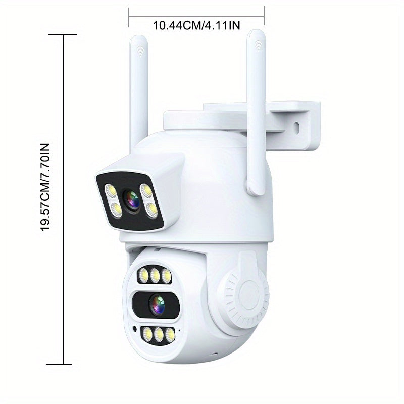 The Teruhal 4MP Dual Lens Wireless Security Camera features 2.4G+5G WiFi connectivity, smartphone compatibility, night vision, two-way audio, IP65 waterproof rating, intelligent motion detection, and USB powered operation. Perfect for home surveillance