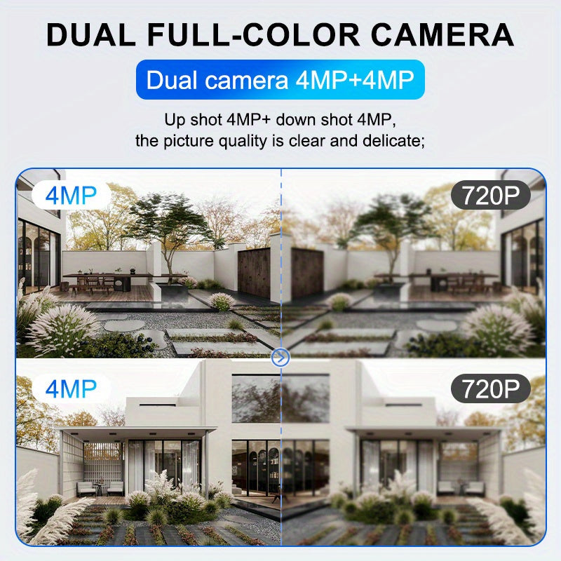 The Teruhal 4MP Dual Lens Wireless Security Camera features 2.4G+5G WiFi connectivity, smartphone compatibility, night vision, two-way audio, IP65 waterproof rating, intelligent motion detection, and USB powered operation. Perfect for home surveillance