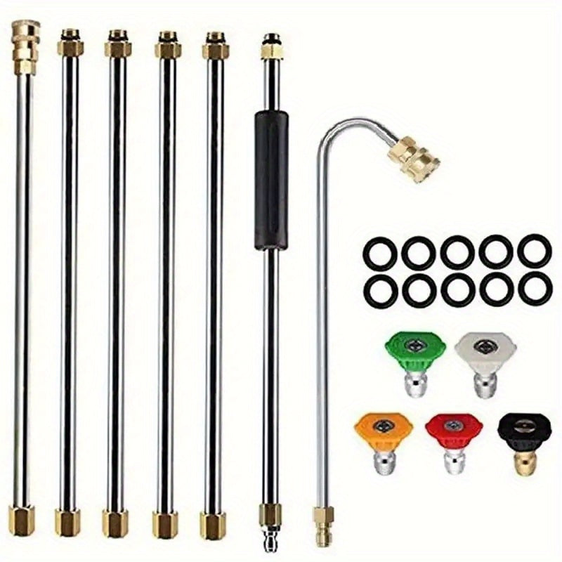 High-pressure washer hose kit with 7 pieces, includes 5 nozzles and 7 stainless steel extension rods. Features 5 adjustable nozzles, 1/4 inch quick connect, 120° bend, and 10 leak-proof O-rings. Ideal for outdoor, car, wall, floor, and carpet cleaning.