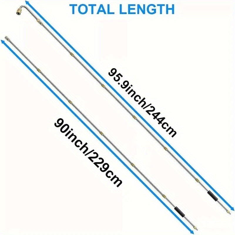 High-pressure washer hose kit with 7 pieces, includes 5 nozzles and 7 stainless steel extension rods. Features 5 adjustable nozzles, 1/4 inch quick connect, 120° bend, and 10 leak-proof O-rings. Ideal for outdoor, car, wall, floor, and carpet cleaning.