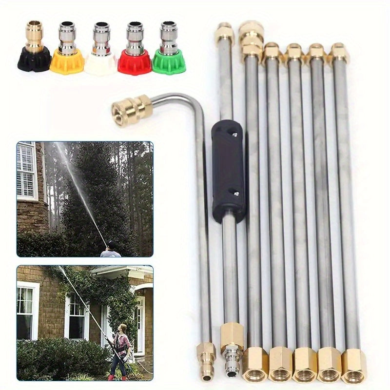 High-pressure washer hose kit with 7 pieces, includes 5 nozzles and 7 stainless steel extension rods. Features 5 adjustable nozzles, 1/4 inch quick connect, 120° bend, and 10 leak-proof O-rings. Ideal for outdoor, car, wall, floor, and carpet cleaning.