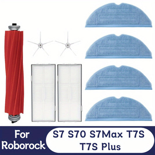 Replacement parts kit for Roborock S7 series includes a main brush, HEPA filter, side brush, and mop pad. These accessories are compatible with S70, S7Max, T7S, and T7S Plus robotic vacuums. The kit is battery-free and features a plastic floor attachment.