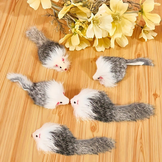 5-piece set of interactive cat toys for indoor play, including a rabbit skin mouse and a two-color plastic mouse with long hair.