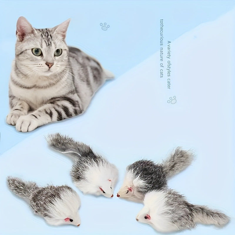 5-piece set of interactive cat toys for indoor play, including a rabbit skin mouse and a two-color plastic mouse with long hair.