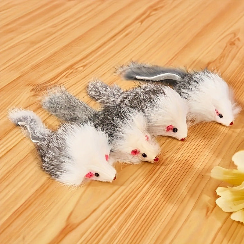 5-piece set of interactive cat toys for indoor play, including a rabbit skin mouse and a two-color plastic mouse with long hair.