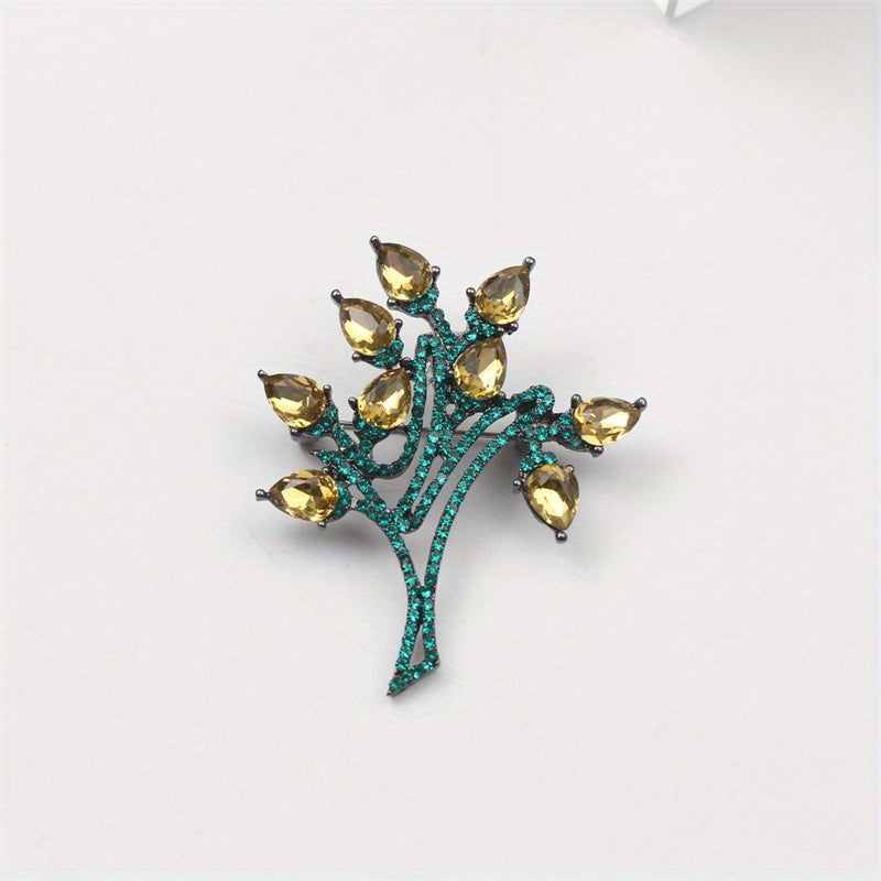 Stylish Crystal Brooch - Modern Green Foliage Design, One-of-a-Kind Quirky Pin for Women