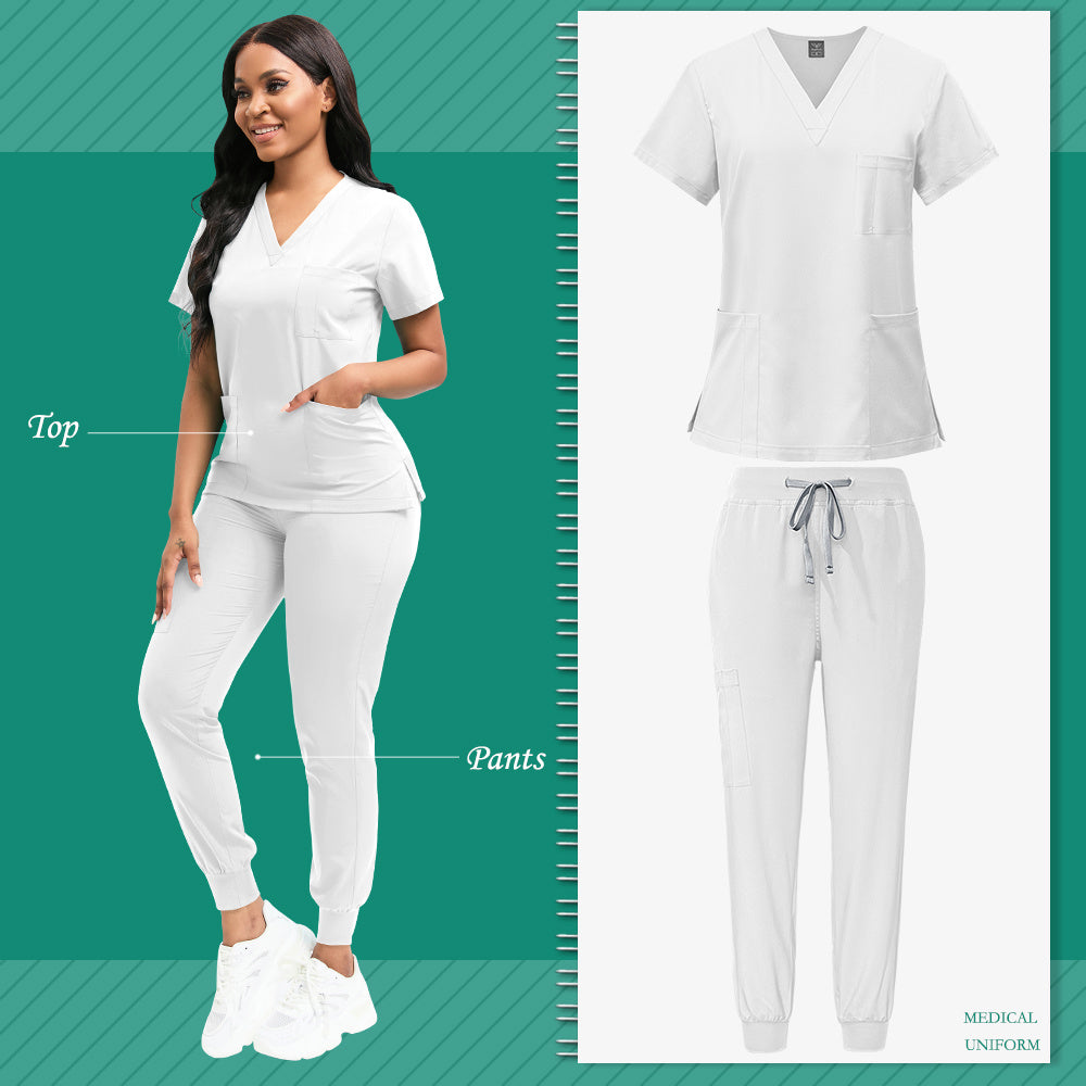 High-quality women's polyester scrubs with patch pocket for nurse uniform, ideal for beauty spa or veterinary dentistry. Professional nurse apparel and accessories for work.