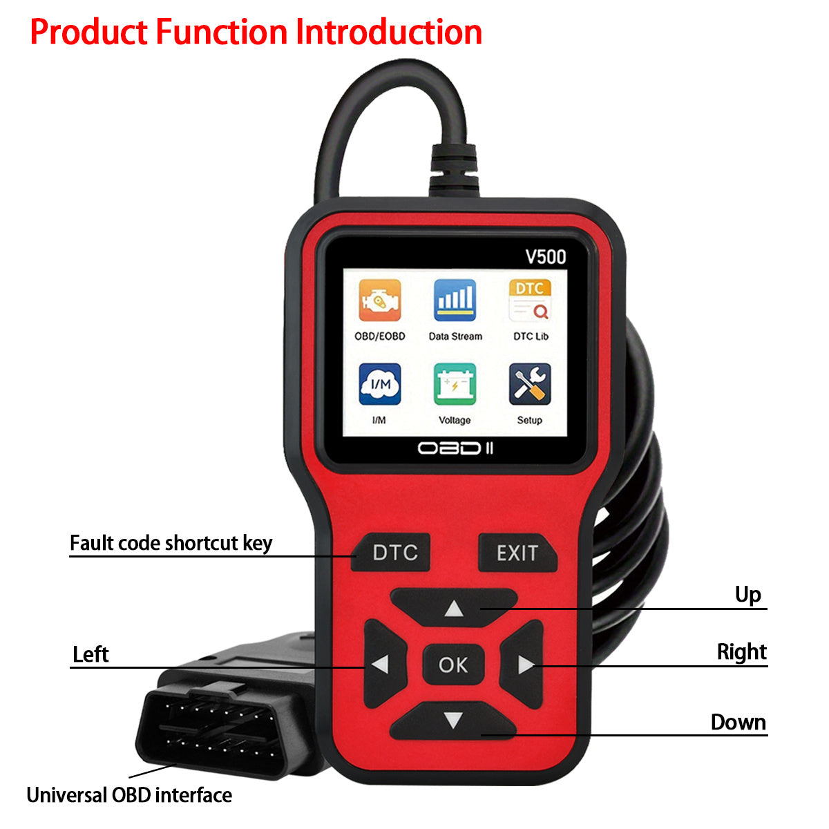 OBD2 Scanner V500 is a versatile diagnostic tool for cars, featuring a code reader, voltage tester, engine fault scanner, and charging tester. It is OBDII compatible and does not require