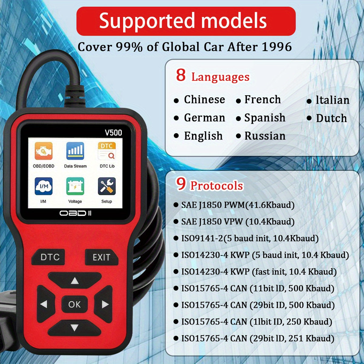 OBD2 Scanner V500 is a versatile diagnostic tool for cars, featuring a code reader, voltage tester, engine fault scanner, and charging tester. It is OBDII compatible and does not require