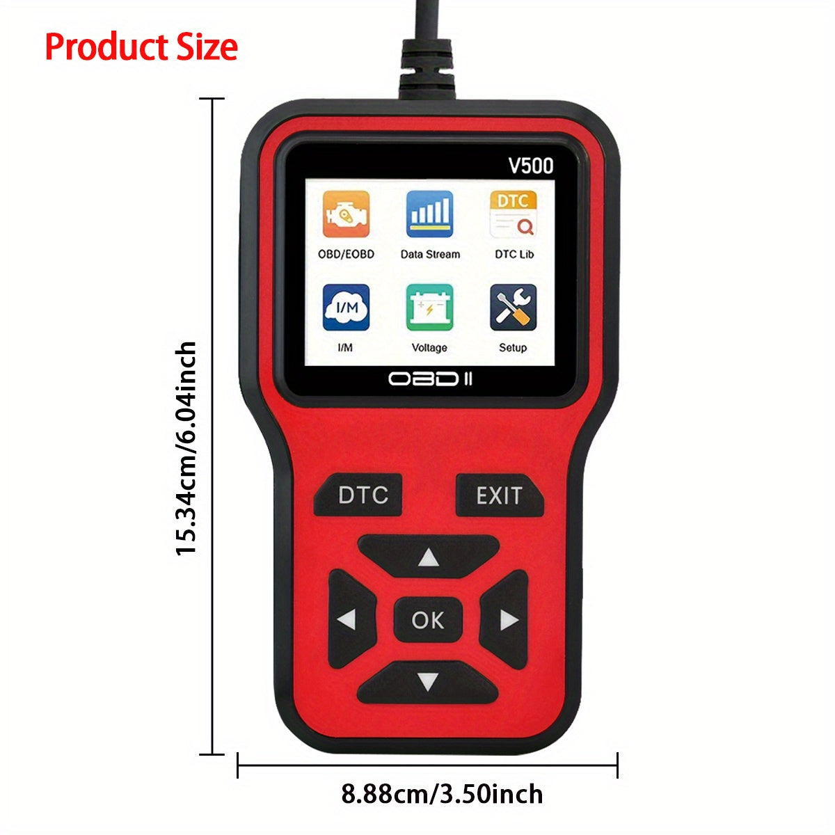 OBD2 Scanner V500 is a versatile diagnostic tool for cars, featuring a code reader, voltage tester, engine fault scanner, and charging tester. It is OBDII compatible and does not require