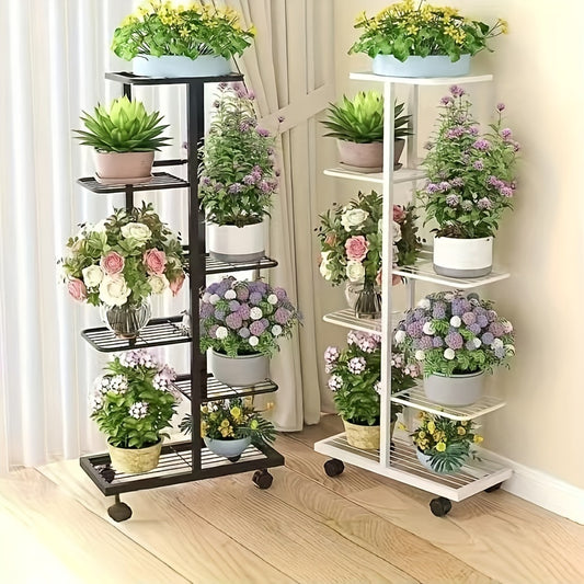 Modern iron plant stand with wheels, grid pattern, indoor/outdoor use, lightweight for home decor.