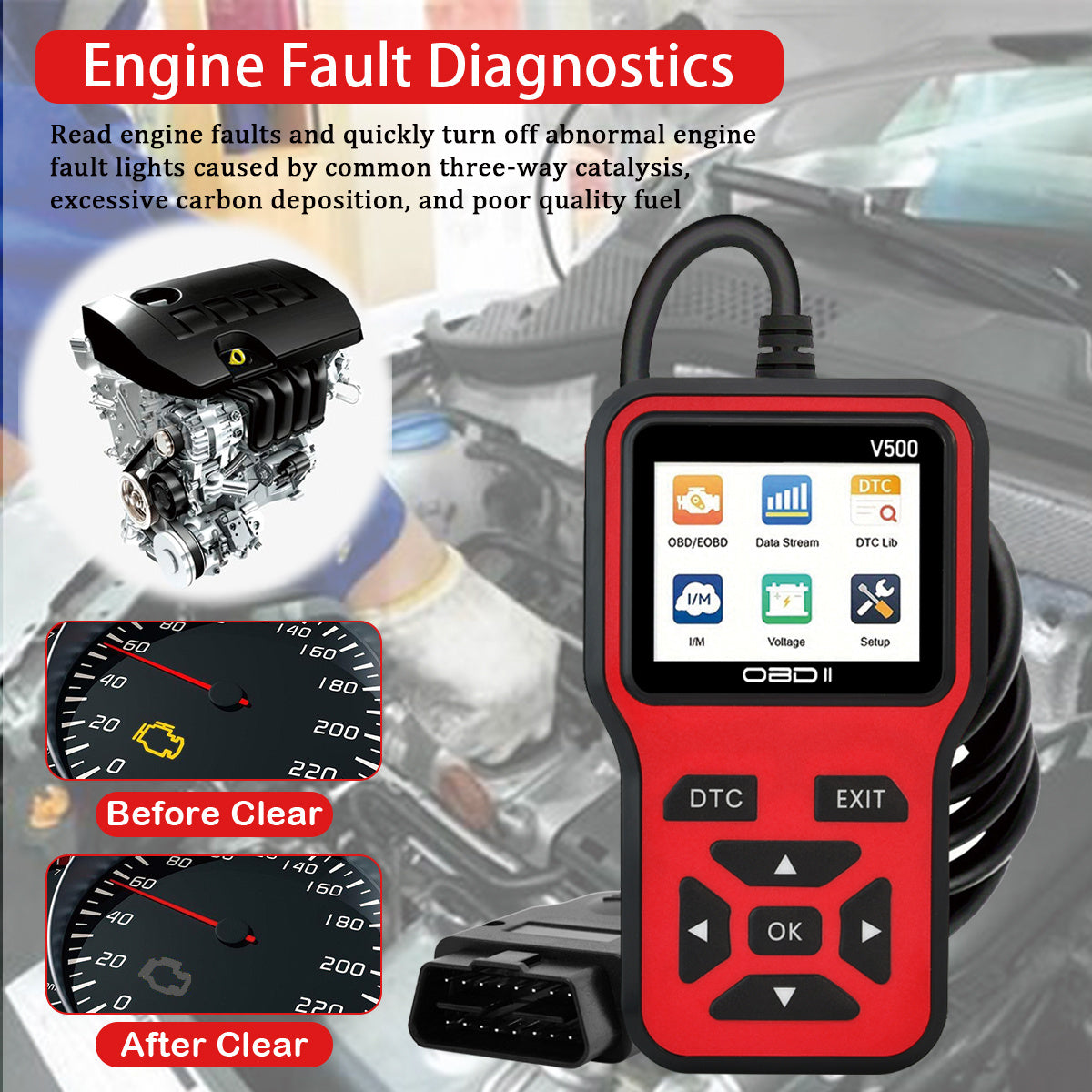 OBD2 Scanner V500 is a versatile diagnostic tool for cars, featuring a code reader, voltage tester, engine fault scanner, and charging tester. It is OBDII compatible and does not require