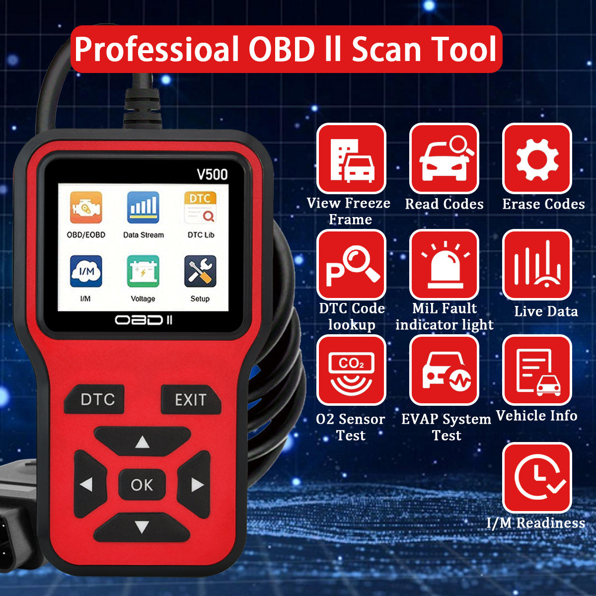 OBD2 Scanner V500 is a versatile diagnostic tool for cars, featuring a code reader, voltage tester, engine fault scanner, and charging tester. It is OBDII compatible and does not require