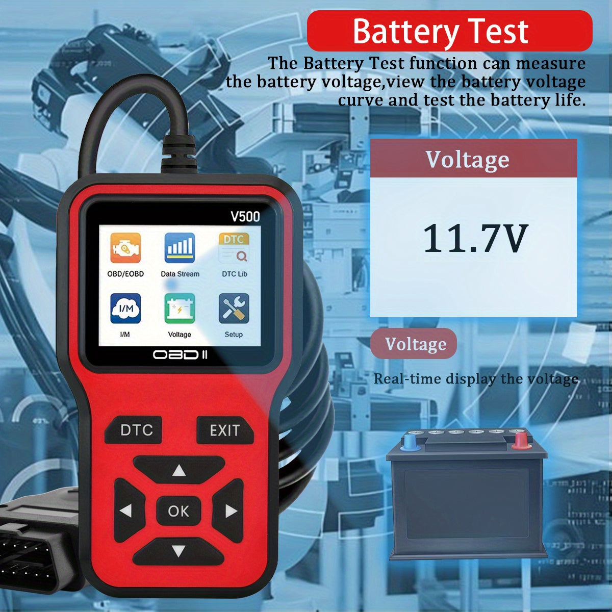 OBD2 Scanner V500 is a versatile diagnostic tool for cars, featuring a code reader, voltage tester, engine fault scanner, and charging tester. It is OBDII compatible and does not require