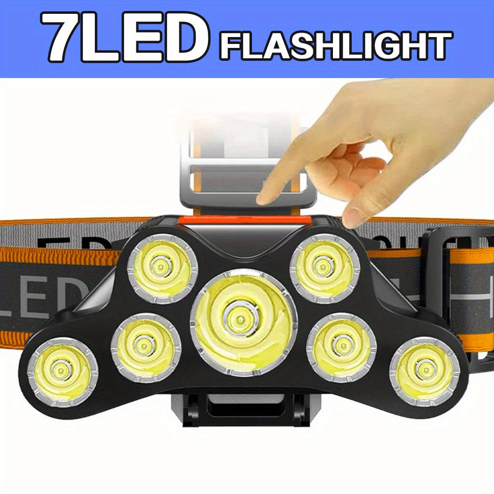 1pc 7LED Headlamp with Adjustable Angle, 4 Lighting Modes, USB Rechargeable Flashlight for Hands Free Use in Emergencies, Home, Hiking, and Running. Also suitable for Stage Lighting.