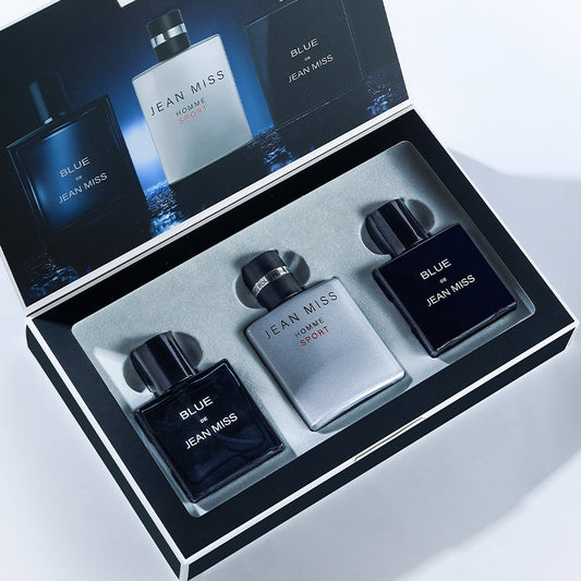 Men's three-piece perfume set with a durable, fresh, and light fragrance available for wholesale.